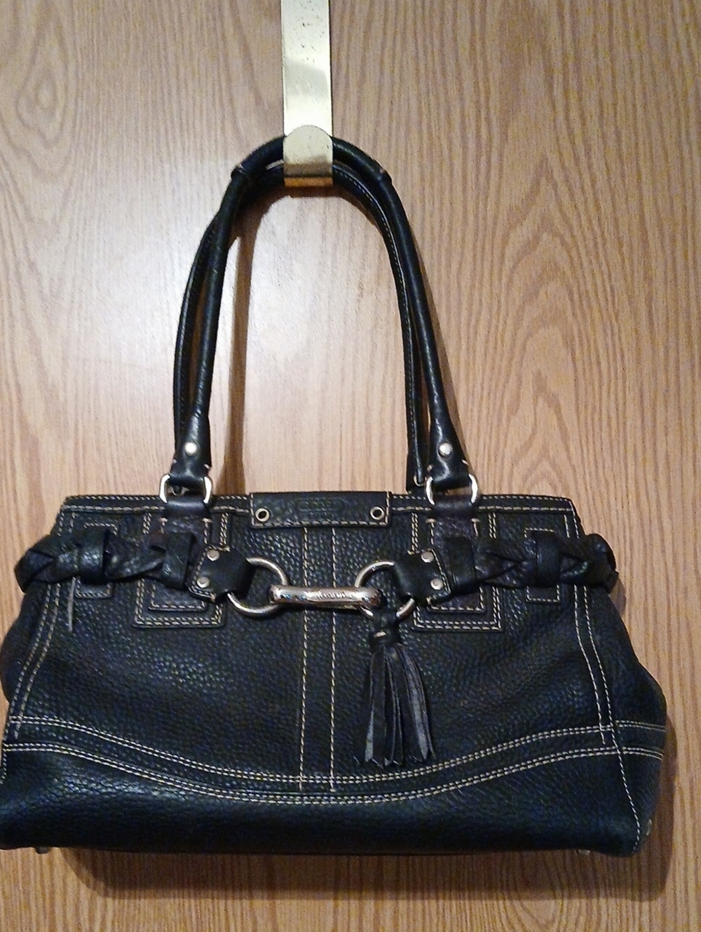 Coach Black Pebbled Leather Hampton Shoulder Bag Purse Satchel with Braided Trim
